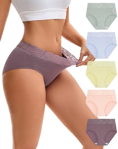 Image of INNERSY High Leg Knickers for Women Cotton Underwear Lace Panties Comfy Ladies Briefs Pants 5 Pack (20, Afternoon Tea Hues)