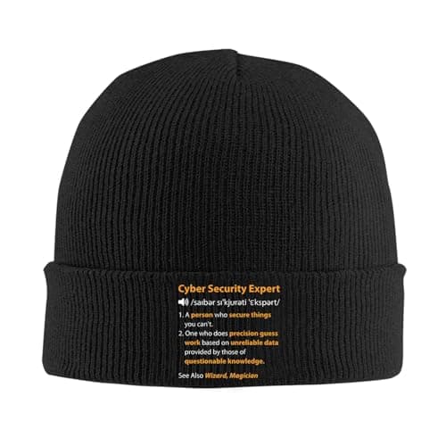 Image of Sdwtdiewos Unisex Beanie Hat for Funny Cyber Security Expert Definition Cybersecurity Humor Black Knitted Beanies Hats Size is: One Size