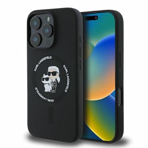 Image of CG MOBILE Karl Lagerfeld KLHMP16LSCMKCRHK Case for iPhone 16 Pro 6.3 Inch Black Hard Case Silicone Karl & Choupette Heads Ring