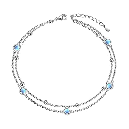 Image of HOOHWE Anklets for Women S925 Sterling Silver Double Layered Ankle Bracelet Adjustable Moonstone Foot Chain Jewelry