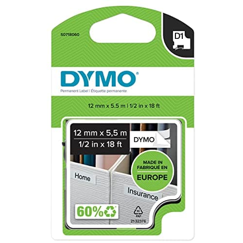 Image of DYMO D1 High-Performance Permanent Polyester Labels | 12 mm x 5.5m Roll | Black Print on White | Self-Adhesive Labels for LabelManager Label Printers | Authentic