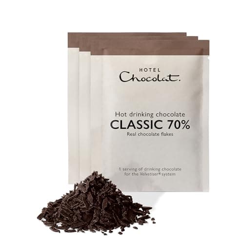 Image of Hotel Chocolat Classic 70% Dark Hot Chocolate Sachets - Luxury Chocolate Flakes - Pack of 20 Single, 620g - Suitable for Vegetarians & Vegans - Serve Hot or Iced