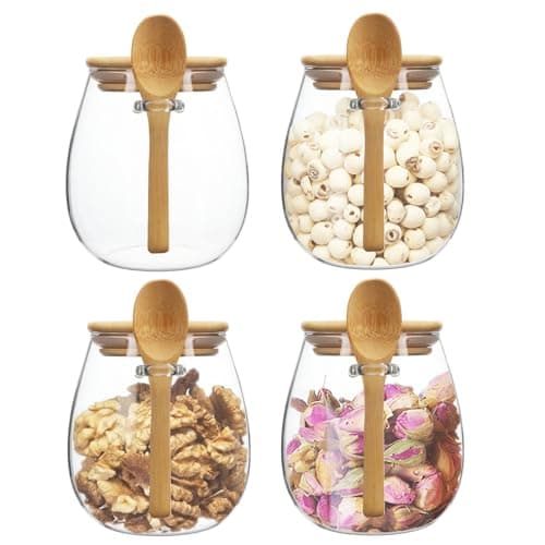 Image of CHPINDAM Clear glass storage containers, 38oz food storage jars, Set of 4, wide mouth, with spoons, for food storage, candy, coffee, biscuits, rice, sugar, tea, cereals, dried fruits, etc