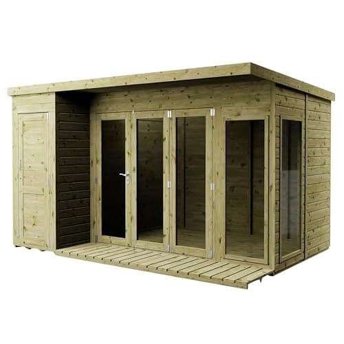 Image of Waltons 10x8 & 12x8 Contemporary Summerhouse with Side Shed | Pent Roof Design | Full Length Windows | Shiplap Cladding | Shatterproof Styrene Windows | Locking Double Doors (12 x 8)