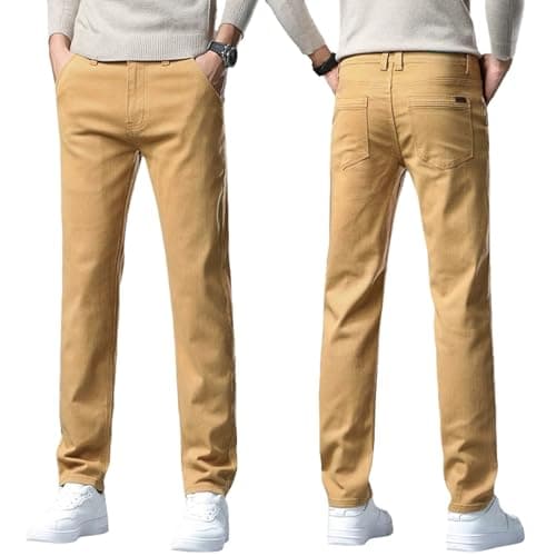 Image of Men's Straight Leg Denim Jeans in Coffee Wash, Classic Five-Pocket Design, Regular Fit Comfort Trousers for Business Casual and Daily Work Pants(Yellow, XXL)