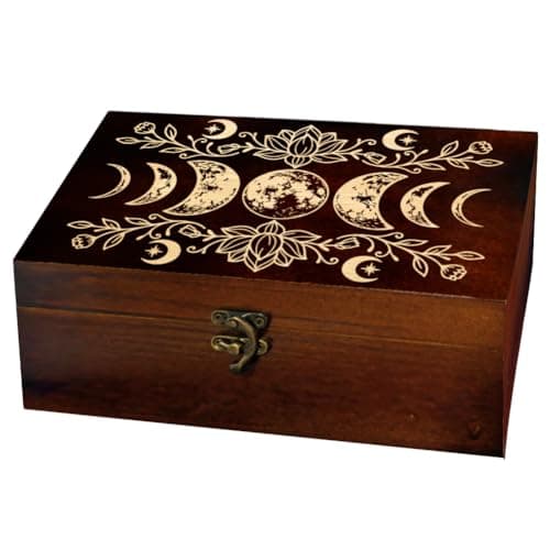 Image of arricraft 1 Pc Wooden Keepsake Storage Box, Moon Phases Lotu Stars Pattern Rectangle Pine Tarot Card Memory Box for Anniversary Jewelry Board Storage 24x14x9cm (9.45x5.51x3.54 inches)