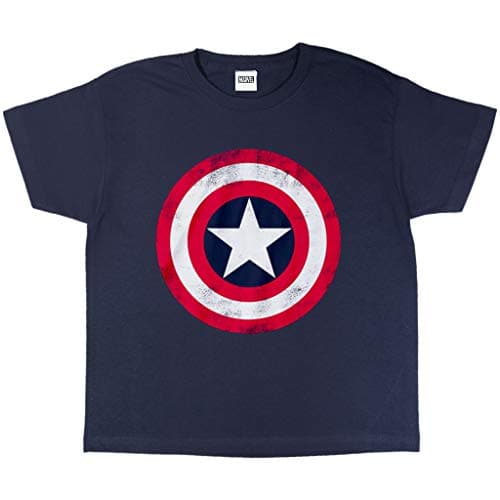 Image of Marvel Crew Neck T-Shirt for Boys, Captain America Distressed Shield Print, 100% Cotton, Official Merchandise, Ages 3 to 15 | Avengers T-Shirt, Gift Idea for Boys Navy