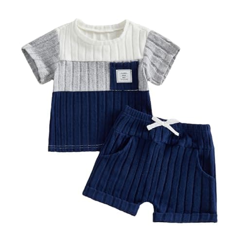 Image of Vioyavo Toddler Baby Boy 2Pcs Summer Outfit Contrast Color Short Sleeve Round Neck T-shirt Top Elastic Waist Shorts Clothes Set (Blue, 6-9 Months)