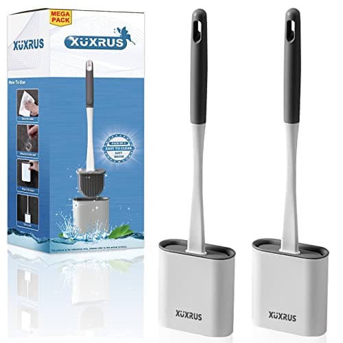 Image of XUXRUS Silicone Toilet Brush with Quick Drying Holder Set -2Pack, Bathroom Toilet Brushes Set with No-Slip Silicone Handle & Anti-drip Base (Flooring/Wall Mounted) -White