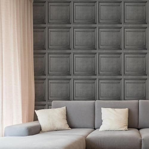 Image of Fresco Dark Grey Wood Panelling Wallpaper | Dark Grey Panelled Wallcovering | Eco-Friendly Wallpaper
