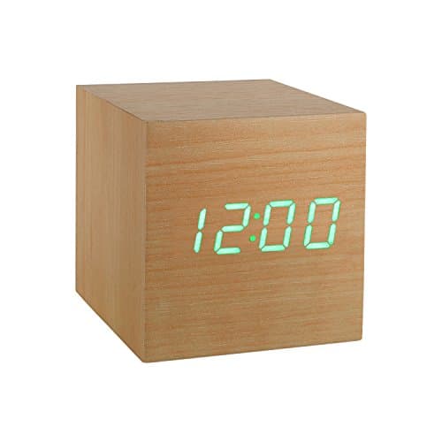 Image of Gingko Cube LED Click Clock Alarm Clock With Sound Activation (Time, Date & Temperature), Beech/Green