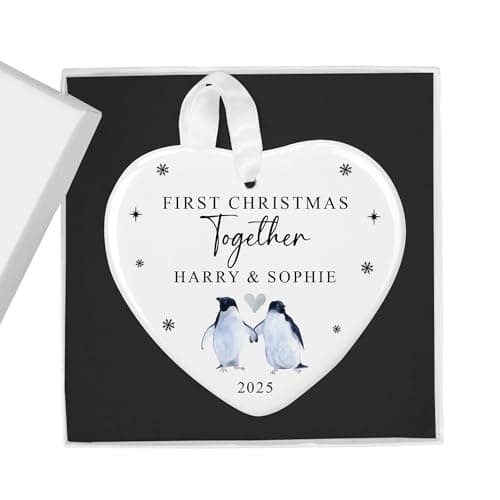 Image of First Christmas Together Personalised Bauble with Penguins, Includes Gift Box - Custom 1st Xmas Tree Ornament - Keepsake Gift for New Couple, Girlfriend, Boyfriend, Him or Her (Heart)