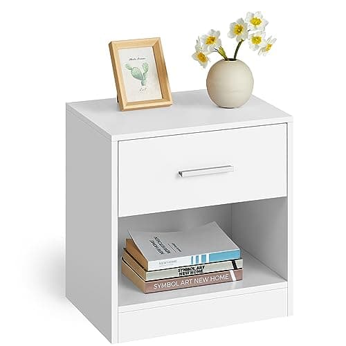 Image of VASAGLE Bedside Table with Drawer, Handle, Open Compartment, for Bedroom, Living Room, Classic White LET619T14