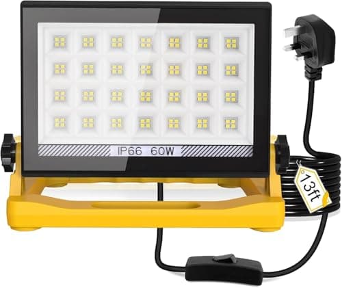 Image of 60W LED Work Light, 5400LM Job Site Lights with Handle, Plug in FloodLight with 13ft Wire & Switch, Portable Work Lights 240V Mains Powered Loft Light, IP65 Waterproof Construction Light Workman Lamp