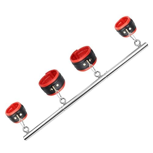 Image of Heavy Duty Expandable Spreader Bar - silver Stainless Steel Exercise Bar with 4 Pcs Black PU Adjustable Straps | Yoga, Pilates & Home Gym Workout Equipment | Fitness Training Sports Gear