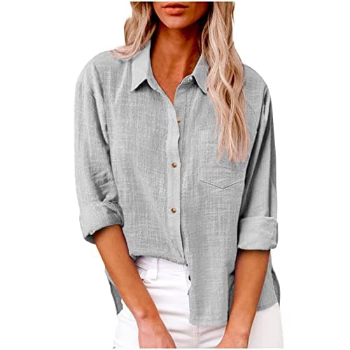 Image of Autumn Tops Women Long Sleeve Blouse Plus Size Casual Cotton Linen Shirts with Breast Pocket Button Down Tee Blouse Elegant Oversized Busines Office Tee Loose Fit Ladies Dressy Tops Grey M