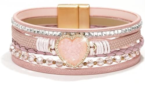 Image of Suyi Multilayer Leather Wrap Bracelet Wide Cuff Bracelets for Women Girls Heart-Shape Pink 2