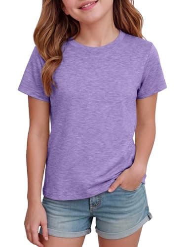 Image of Demegimi Girls T-Shirts - Summer Short Sleeve Tops, Children's Solid Crew Neck Casual Sport Tees, Basic Everyday Top for Kids 5-14 Years Purple