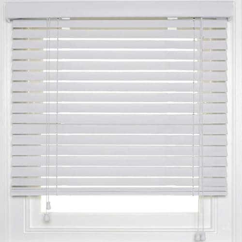 Image of Rehan & Co Faux Wood Window Venetian BlindsWhite String Blinds Smooth 50mm Slats TRIMMABLE Easy Fit Home Office Windows Blind (75W x 150H cm)