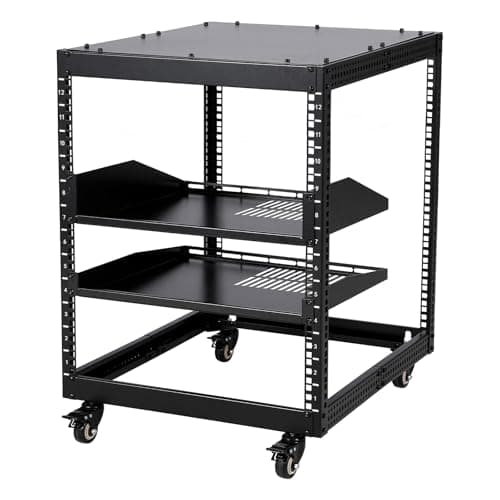 Image of Aptliton 12U Open Frame Server Rack 19 Inch, Adjustable Depth 58.5-101.6cm Network Cabinet, Wall Mount Data Cabinet with 2 Shelves & Casters, Heavy Duty AV Rack for Home Lab, Black