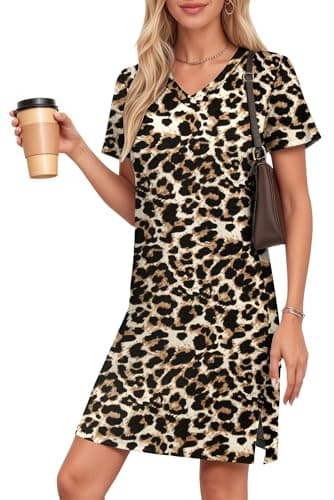 Image of AUSELILY Summer Dress Women Short Sleeve Casual T-Shirt Dress Ladies V-Neck A-Line Beach Sundress Leopard Black M