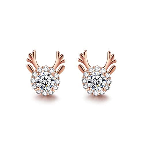 Image of wynn's Silver Christmas Stud Earrings for Women, 925 Sterling Silver Rose Gold Xmas Reindeer Stud Earrings, 10mm Small Sleeper Studs with AAAAA White Cubic Zirconia, Gift for Christmas