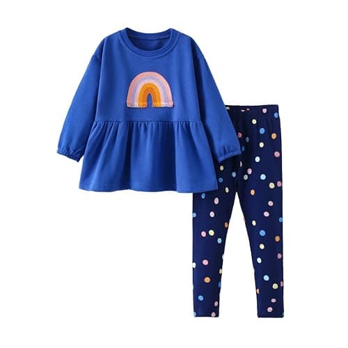 Image of QHKEPW Girls Clothes Set Kids Outfits 6-7 Years Rainbow Toddler Clothing Long Sleeve Sweatshirt T-Shirt Tops Leggings Trousers Round Neck Blue