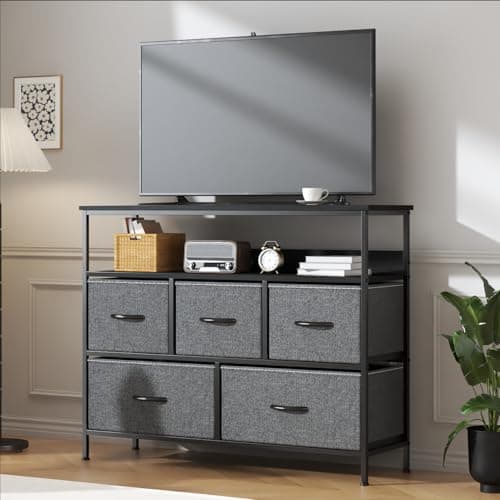 Image of GoaHi 5 Drawer Chest of Drawers with Storage Shelf, Industrial Steel Frame & MDF Top, Fabric Drawer Storage Unit for Bedroom, Living Room, Hallway or TV Unit,Deep Grey