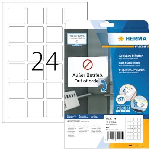 Image of HERMA Self Adhesive Removable Labels, 24 Labels per A4 Sheet, 25 Sheets, 40 x 40 mm, 600 Labels, Blank Multipurpose Labels Stickers, Sticky Labels for Laser & Inkjet Printer, White