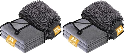 Image of KEYAYE 5 Pcs Car Washing Kit with 3x Microfibre Cleaning Cloth and 2er Microfibre Wash Mitt, Dual-Sided Ultra Soft Drying Towels and Gloves for Car Care, Polishing, 600GSM, 40x30cm (Pack of 2)