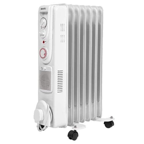 Image of Devola Oil Filled Radiator, Low Energy Electric Heater with Thermal Fuse for Overheat Cut Off, Adjustable Heating Dial, Turbo Heating Option via PTC Fan, 24 Hour Timer - (White) (7 Fin 2000W)