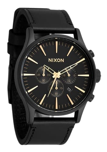 Image of NIXON Sentry Chrono Leather A1391-100m Water Resistant Men's Analog Chronograph Watch (42mm Watch Face, 23mm Leather Band), Matte Black / Gold / Black, 42 mm