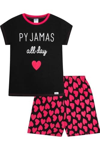 Image of ThePyjamaFactory Girls Pyjamas All Day Heart Pink Black Cotton Short Pyjamas (13-14 Years)