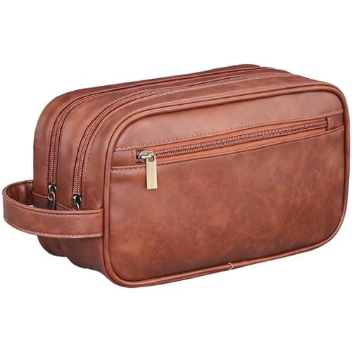 Image of Leather Toiletry Bag Mens Wash Bag with 3 Compartments - Travel Toiletry Bag for Gym & Shaving, Small Washbag for Men, Perfect Travel Gifts for Men