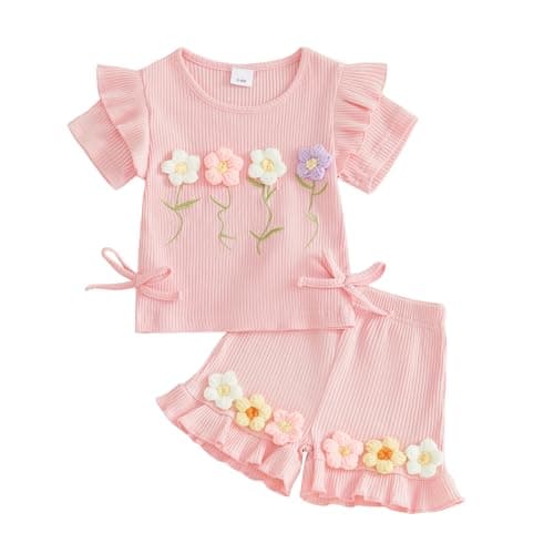 Image of XIXIMAON Toddler Baby Girl Summer Outfits Crochet Flowers Decor Short Sleeve T Shirt Frill Hem Shorts Set Newborn Soft Knitted Ribbed Clothes 2Pcs 0-3T (Pink, 6-12 Months)