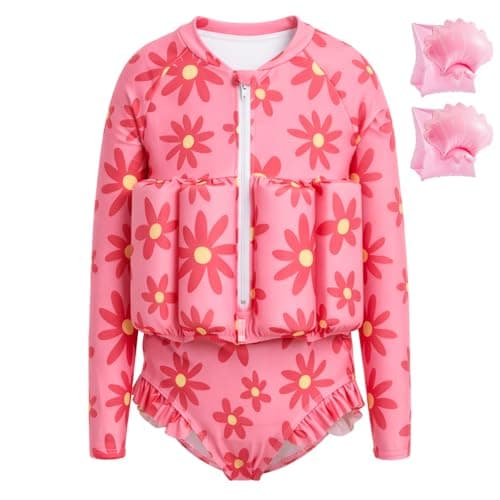Image of Summshall Toddler Swimsuit with Floatation, Baby Girls Long Sleeve Floating Bathing Suit Front Zipper Floatie Swim Suit for Summer Beach Pink