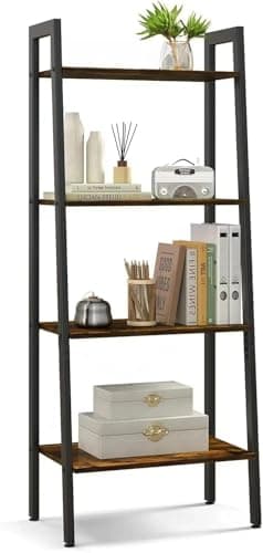Image of DEILALY Bookshelf, 4-Tier Small Ladder Shelves 43cm, Narrow Shelf Tablette for Bedroom, Shelving Unit for Livingroom, Outdoor Display Cabinet, Corner Ladder Shelf, Rustic Brown