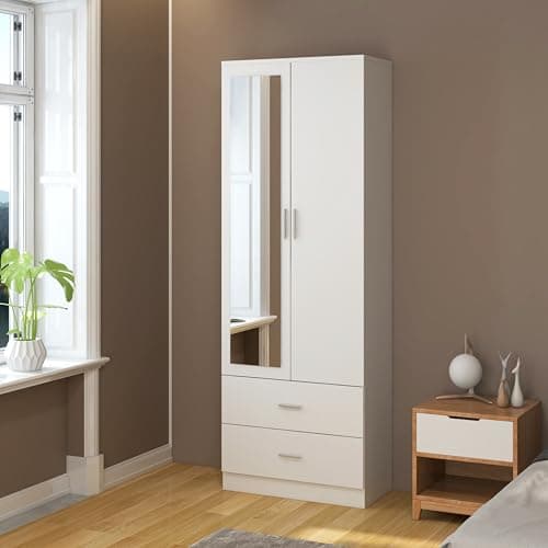 Image of Panana 2 Door 2 Drawers Mirrored Wardrobe with Hanging Rail Wooden Clothes Storage Cupboards Unit for Bedroom Furniture 77 x 50 x 180 cm (White)