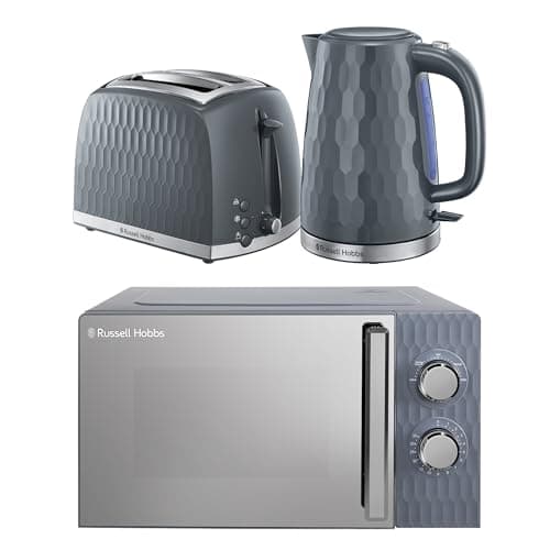 Image of Russell Hobbs Honeycomb Grey Kitchen Set, 1.7L 2400W Kettle, 2 Slice Toaster with Dual Browning Levels & 17L 700W Microwave with 5 Power Levels, Defrost & Reheat Functions HCBNDL2G