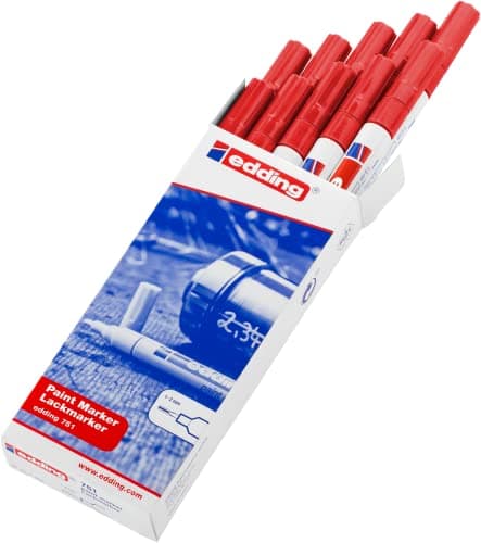 Image of edding 751 paint marker - red - 10 pens - round tip 1-2 mm - paint marker for marking and labelling metal, glass, rocks or plastic - heat-resistant, permanent, smudge-proof and waterproof