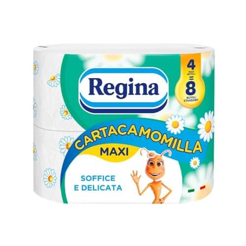 Image of Regina Cartacamomilla - 4 Rolls of Toilet Paper, 300 Soft Sheets, 3-Ply Sheets, Delicate and Consistent, Chamomile Fragrance, Recyclable Paper, 100% FSC Certified Paper