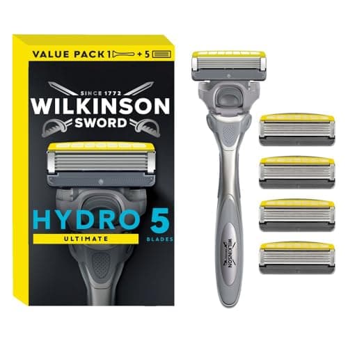 Image of Wilkinson Sword Hydro 5 Ultimate Razor for Men, Shaving Handle + 5 Razor Blades, Moisturising Gel Pools and Shock Absorption Technology
