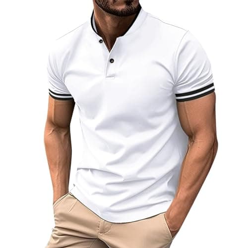 Image of NNGOTD Mens Long Sleeve Polo Shirts Cotton Polo T-Shirts Golf Tops Grandad T Shirt Henley Shirts for Men Bowie t Shirts for Men Gym Tops Mens Long Sleeve Tshirts (White, M)