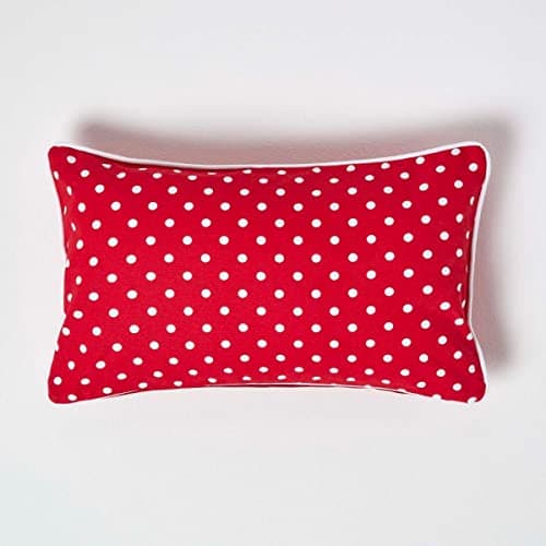 Image of HOMESCAPES - 100% Cotton - Polka Dots - Cushion Cover - 30 x 50 cm Rectangular - 12 x 20 Inches - Red White - 100% Cotton Sofa Pillow Cushion Cover - Washable