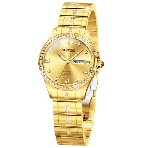 Image of OUPINKE Womens Automatic Watches Mechanical Diamond Luxury Dress Self Winding Stainless Steel Waterproof Luminous Wrist Watches for Women Gift, L3195:All gold, Fashion