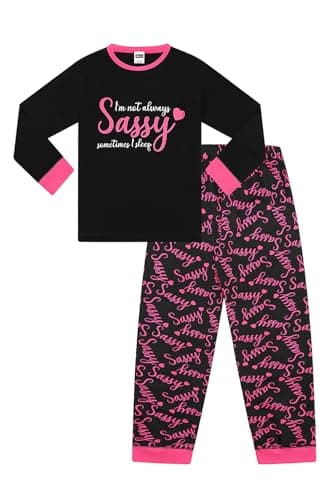 Image of ThePyjamaFactory Girls I'm Not Always SASSY Sometimes I Sleep Cotton Long Pyjama Set (9-10 Years) Black