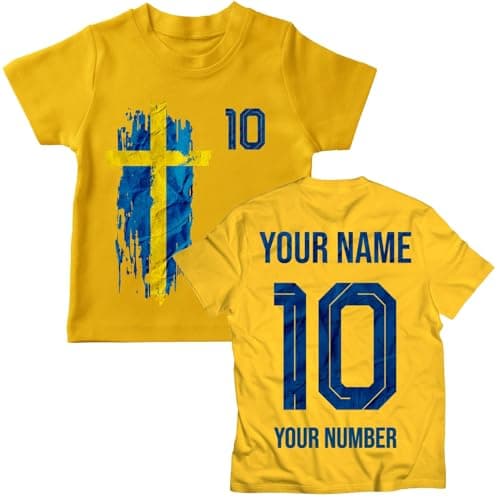 Image of lepni.me Sweden 2026 Personalised Kids' Football Fan Graphic Cotton T-Shirt, Custom Name and Number, Short Sleeve Supporters Top (7-8 Years Yellow Multi Color)