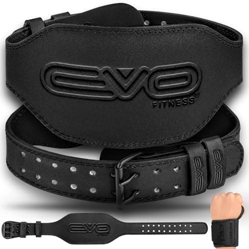 Image of EVO Fitness 4” 6” Matte Black Weight Lifting Belt With 18" Wrist Straps Gym Cowhide Leather Padded Lumbar Back Support Powerlifting Bodybuilding Workout Training Men Women (Black 6", XL)