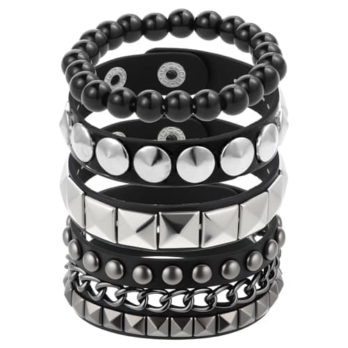 Image of Punk Rock Leather Bracelets, 4 Pcs Black Leather Studded Punk Bracelet for Men Women Spiked Leathers Cuff Bracelet Gothic Spike Bracelets Adjustable Rivets Wristband Cuff for Halloween Party