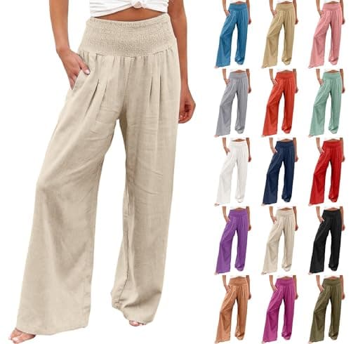 Image of Linen Trousers Womens Elastic Waist Wide Leg Trousers High Waisted Palazzo Pants Lightweight Breathable Cotton Linen Pants Ladies Baggy Solid Color Casual Trouser With Pockets for Yoga Beach Travel